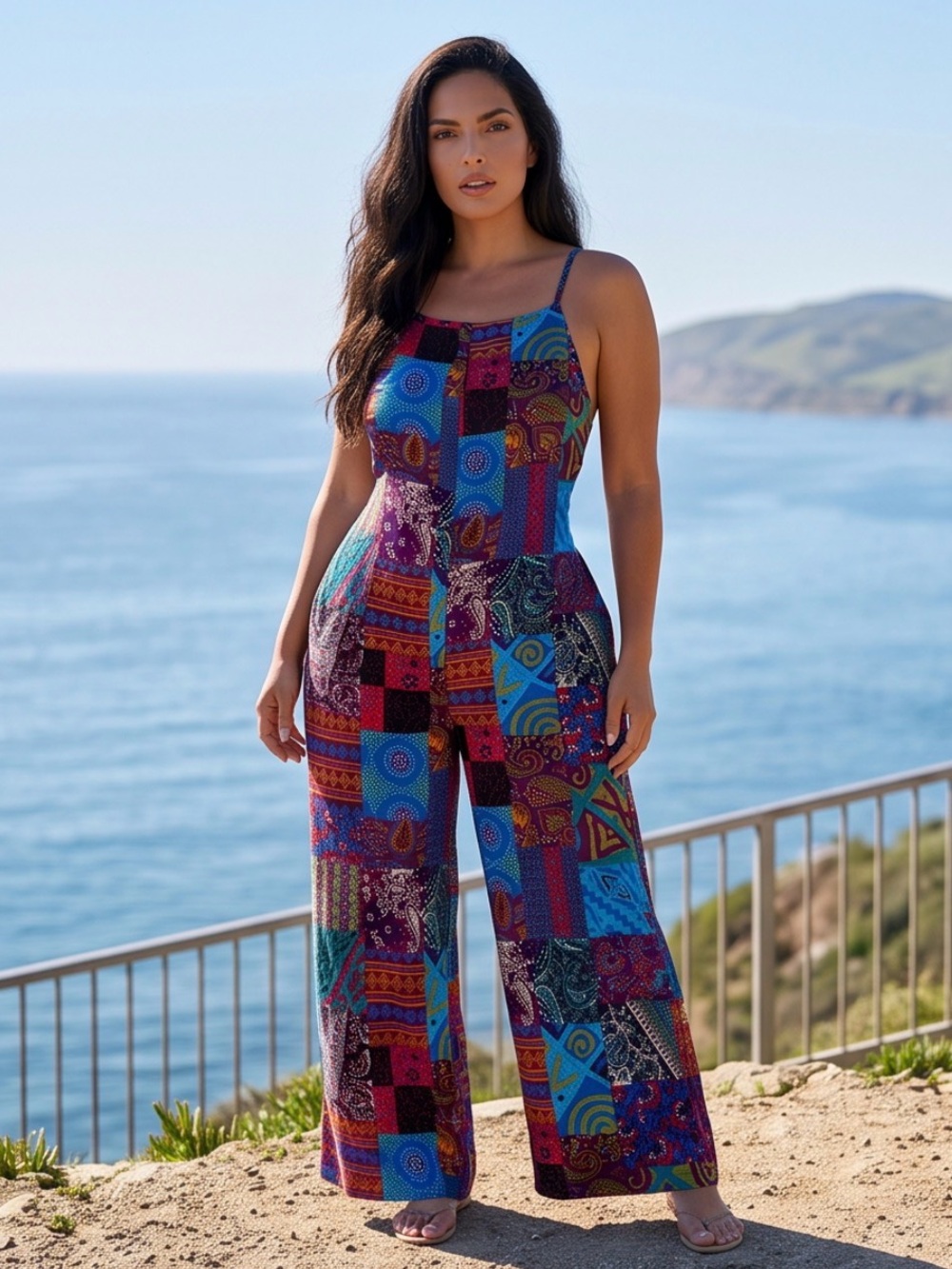 YESNO Womens Boho Patchwork Floral Sleeveless Wide Leg Jumpsuit Pockets  XL